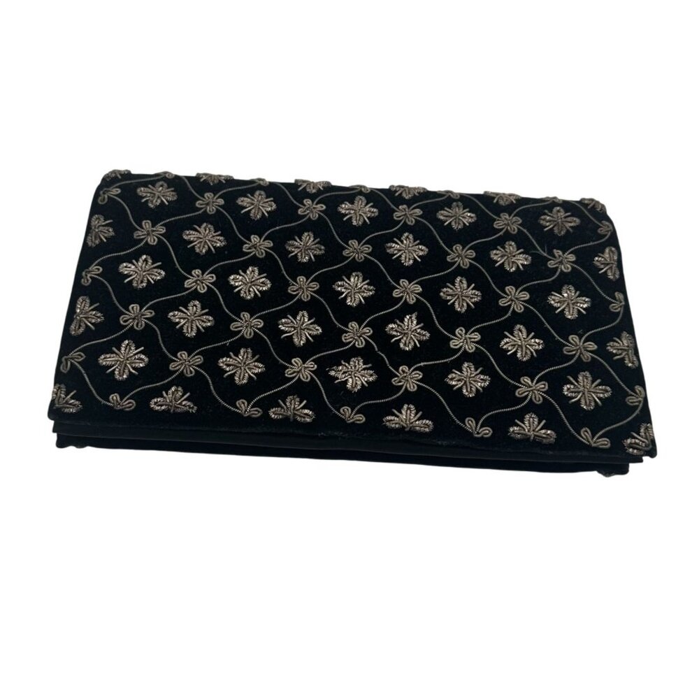 Vintage Black & Gold Embroidered Clutch Bag By Ivory Palace With Snap Closure